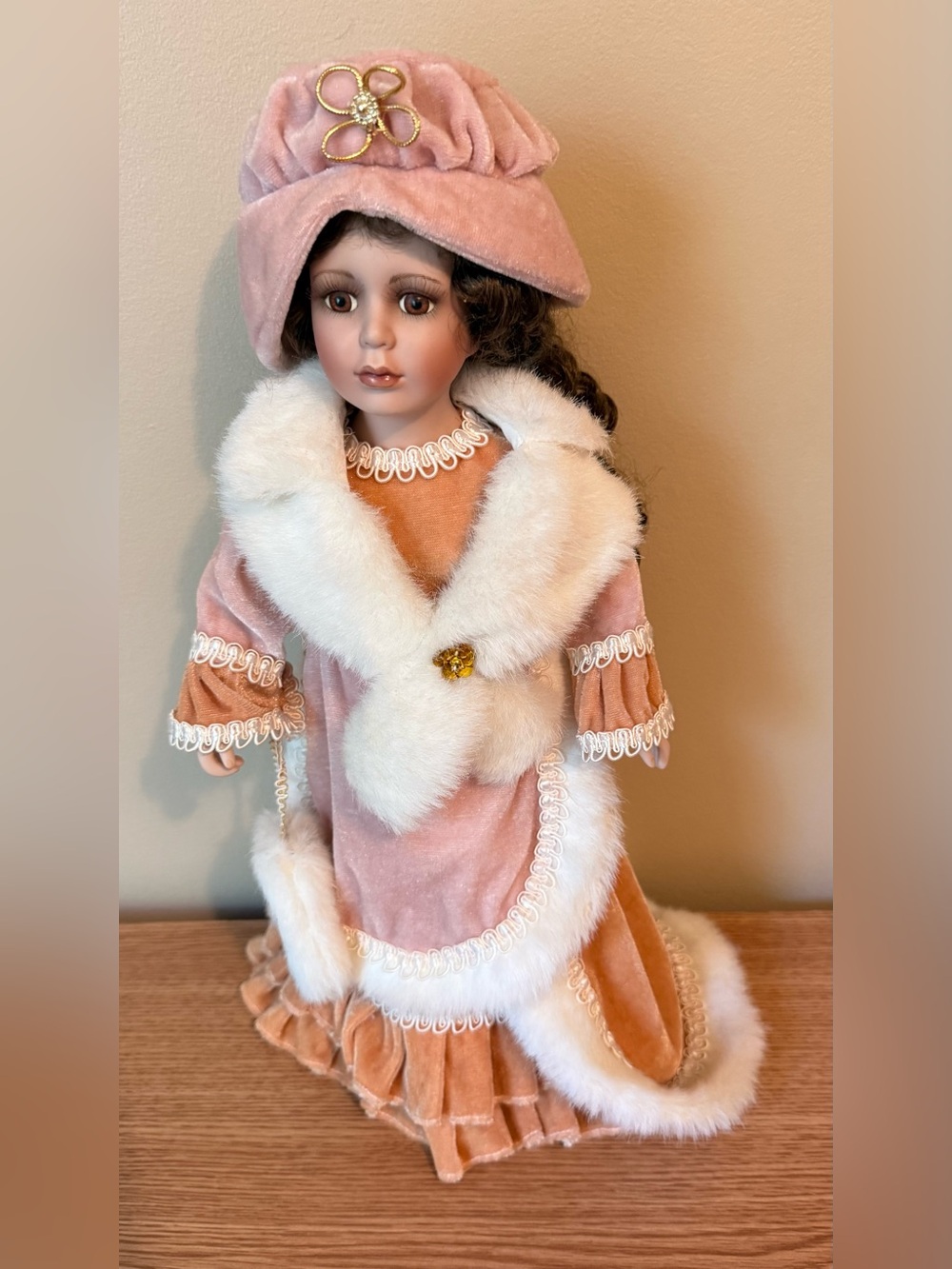 Porcelain Fashion Doll in Pink Velvet Coat with White Fur Trim